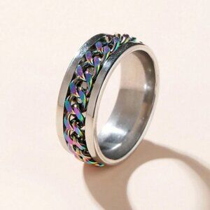 Fidget Ring with Iridescent Chain Inset Silver Stainless - Steel Spinner…